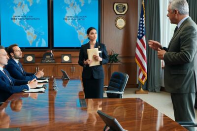 The General Talked Down to Her at Morning Briefing — Never Knowing She Was His New Commander  Wood-paneled walls.